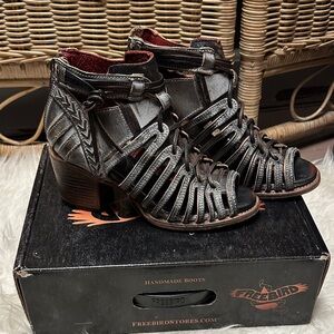 Freebird Women's Brown and Black Strappy Heeled Boots